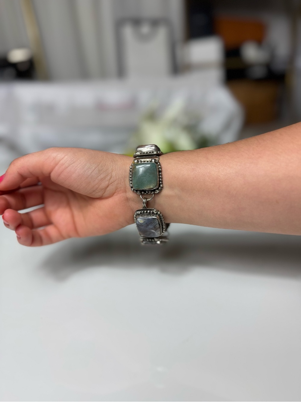 Sterling-Style Multicolored Stone Link Bracelet Native Vintage Antique